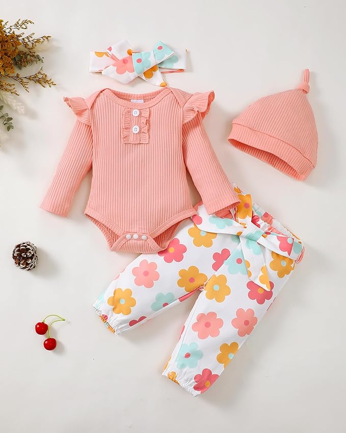 Renotemy Newborn Baby Girl Clothes Outfits Infant Romper Ruffle Floral Pants Cute Toddler Baby Girl Clothes Set