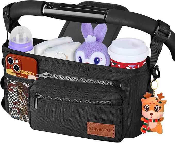 Christmas Stocking Stuffers White Elephant Gifts for Adults: Guiseapue Universal Stroller Organizer with Cup Holder, Stroller Caddy with Shoulder Strap, Baby Accessories Fit Uppababy, Baby Jogger