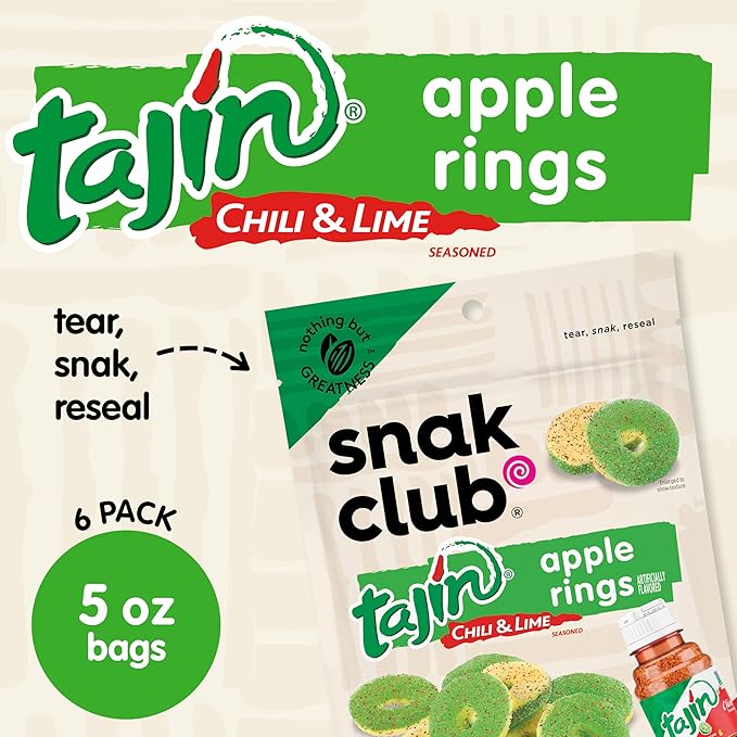 Snak Club Tajin Apple Rings Gummy Candy, Fruit Candy Gummies with Chili and Lime Seasoning, Mild, Gluten-Free and Vegan Snacks, 5 oz Resealable Bags, 6 Pack