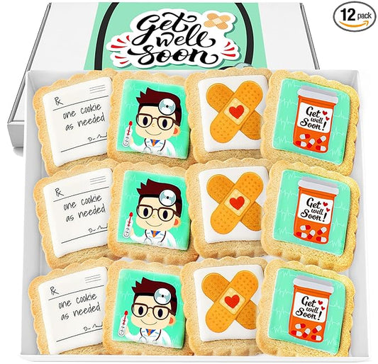Get Well Soon Gift Cookies Basket Box For Kids and Adults After Surgery Care Package Feel Better Sick | 12 PACK | Nut Free | Kosher