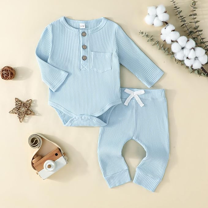 Newborn Baby Boy Girl Clothes Ribbed Knit Cotton Long Sleeve Romper Long Pant Preemie Solid Color Unisex Outfits