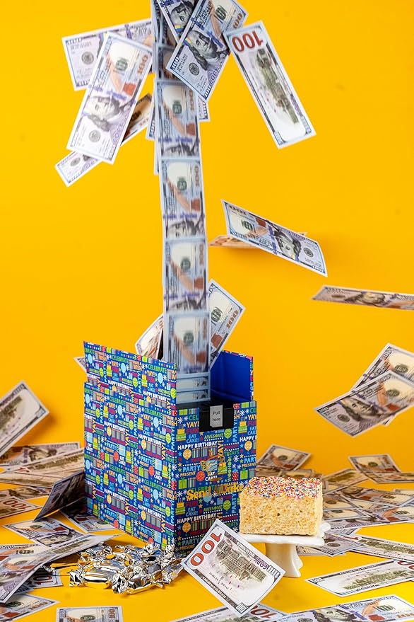 SendaCake Birthday Billionaire Box, Ready to Gift, No Assembly Required - with Music, Sweet Caramels & Delicious 3" Rainbow Sprinkle Dots Cake for Delivery - Gift for Women, Men, Sister, Mom, Dad, Best Friend, Adults, Kids