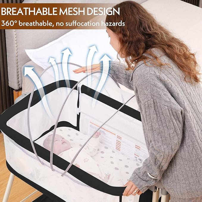 Baby Bassinet,Rocking Bassinet with Waterproof Sheet,3 in 1 Baby Bassinets Bedside Sleeper,6 Height Adjustable Bedside Bassinet for Newborn(Black)