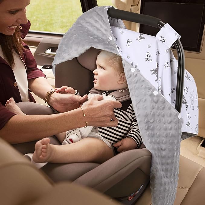 Metplus 2 in 1 Baby Car Seat Cover, Car Seat Canopy for Babies, Mom Nursing Cover, Minky Baby Carrier Covers, Newborn Boy Girl Shower Gift, Elephant Giraffe