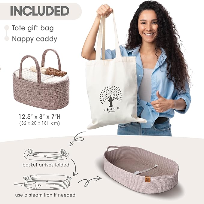 Baby Changing Basket Includes Diaper Caddy - Breathable & Waterproof Dual-Cover, Portable, Changing Pad for Dresser & Changing Table, Gift for Baby Shower, Cotton Rope Basket for Baby