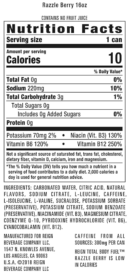 Reign Total Body Fuel, Razzle Berry, Fitness & Performance Drink, 16 Ounce (Pack of 12)