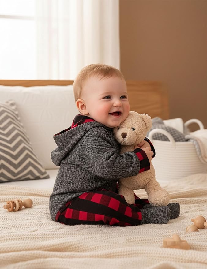 Fommy Newborn Baby Boy Clothes Plaid Letter Print Long Sleeve Hoodies + Long Pants 2PCS Fall Winter Outfits Set