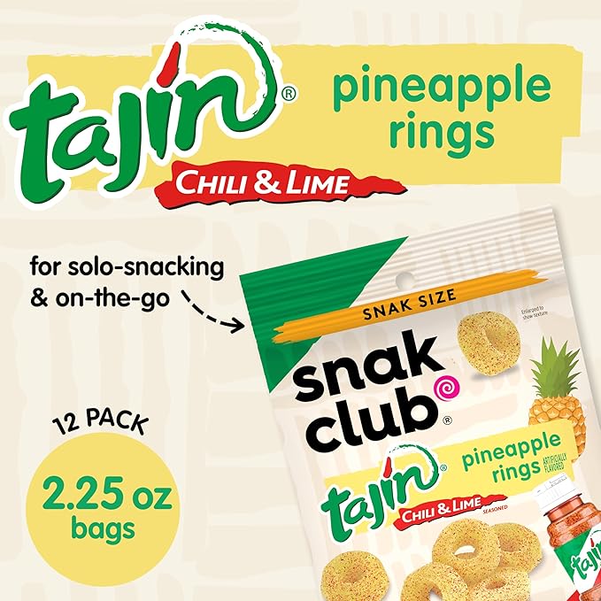 Snak Club Pineapple Rings, Tajin Chili & Lime Seasoned, Sweet and Spicy Gummy Candy, Mild in Heat Bold in Flavor, Low-Fat, Vegan, Gluten-Free Snack, Snack Size, 2.25 Ounce, 12 Count