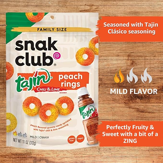 Snak Club Tajin Peach Rings, Sweet and Spicy Gummy Snacks, 11 Ounce (Pack of 6)