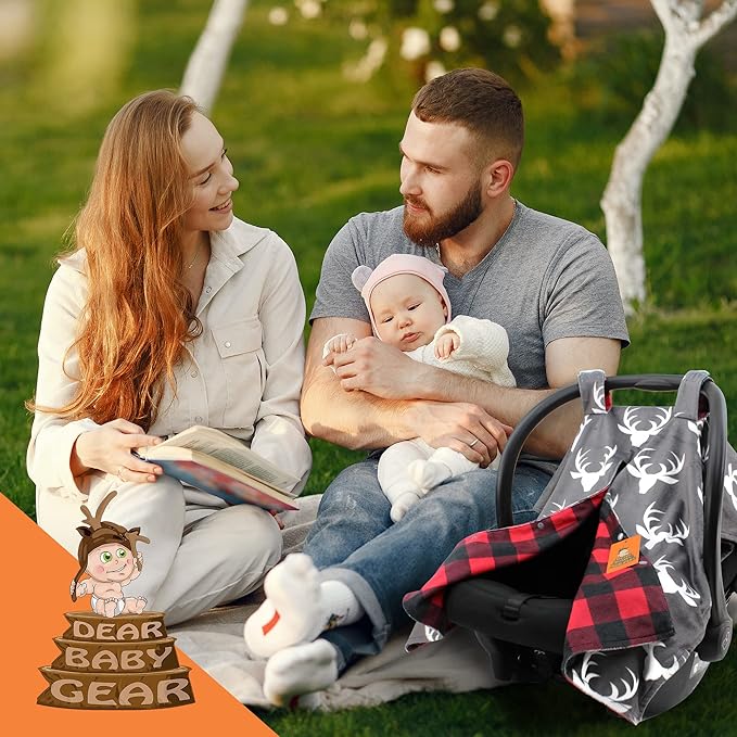Dear Baby Gear - 40x30 Car Seat Canopy, Infant Carrier Cover for Boys & Girls, Cozy Fall, Nursing & Stroller Use, Newborn Travel Sunshade, White Antlers, Plaid Red & Black Buffalo