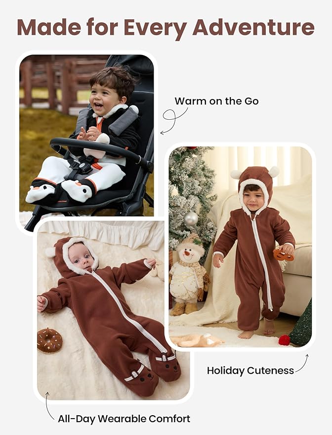 PATPAT Fleece Hooded Footed Romper Clothes, Soft Warm Footie Covers, Car Seat Friendly, Easy Zip, Cute Boy Girl