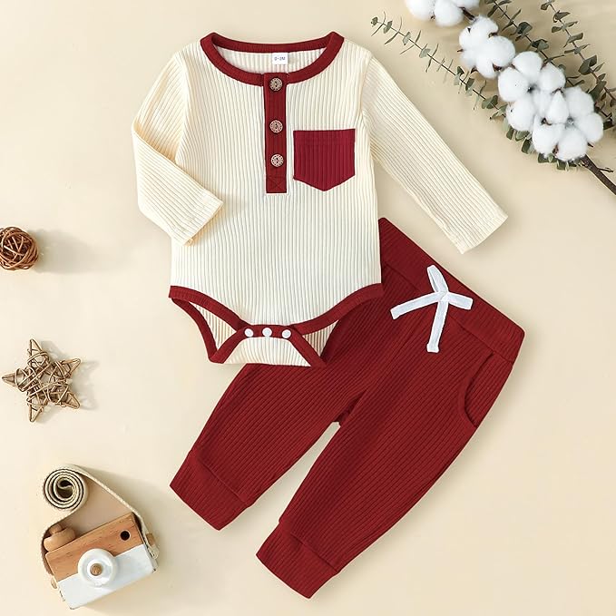 Newborn Baby Boy Girl Clothes Ribbed Knit Cotton Long Sleeve Romper Long Pant Preemie Solid Color Unisex Outfits