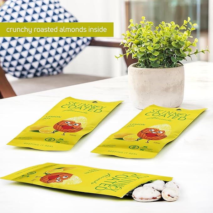 Skinny Coated Almonds Lemon Joy Snacks, Lemon Flavored Healthy Chocolate Snacks in Bulk - Skinny Almonds, Kosher, Gluten Free Sweet Snacks for Adults, 1.2Oz p/Bag, 6 Pack