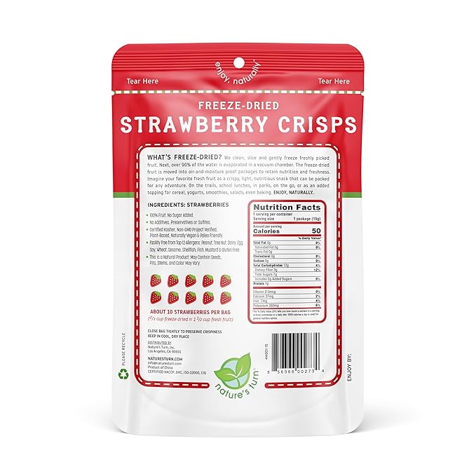 Nature’s Turn Freeze-Dried Strawberry Crisps – Healthy, Gluten-Free, Crispy & Delicious, Plant-Based Snack, Ideal for Cereal, Smoothies, School Lunches, & On-the-Go, Pack of 12 (0.53 oz Each)