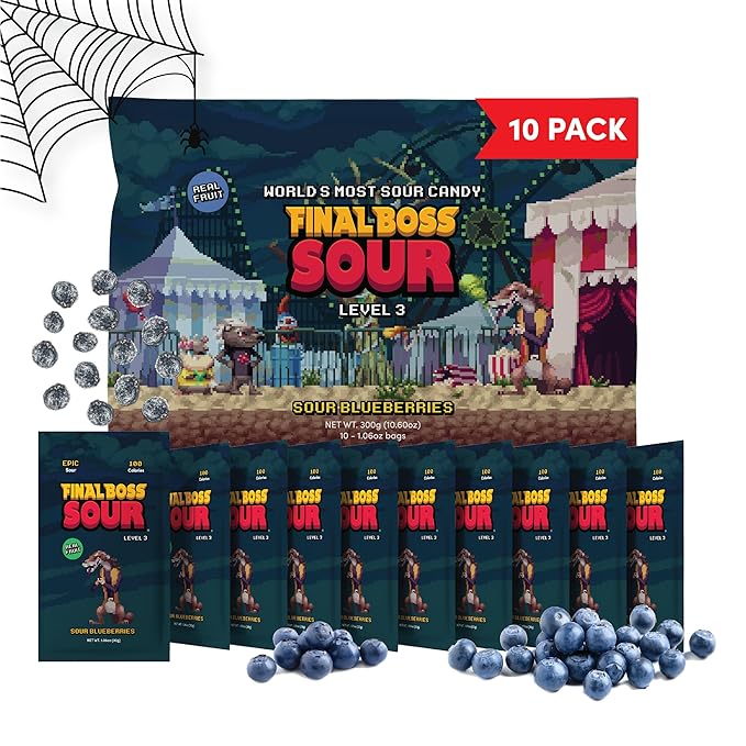 Final Boss Sour Candy, Sour Blueberries, 10 Pack, Level 3, Fruit Chews with Real Dried Fruit, No Artificial Colors or Flavors, Low Calorie Snack for Kids, Teens, Adults, Lunch Boxes & On The Go
