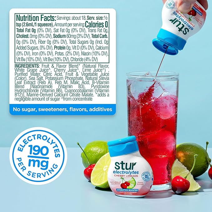 Stur Electrolyte Water Enhancer | Sweetened with Stevia | High in Vitamin C & Antioxidants | Sugar Free | Zero Calories | Keto | Vegan | 5 Bottles, Makes 90 Drinks (Cherry Limeade)