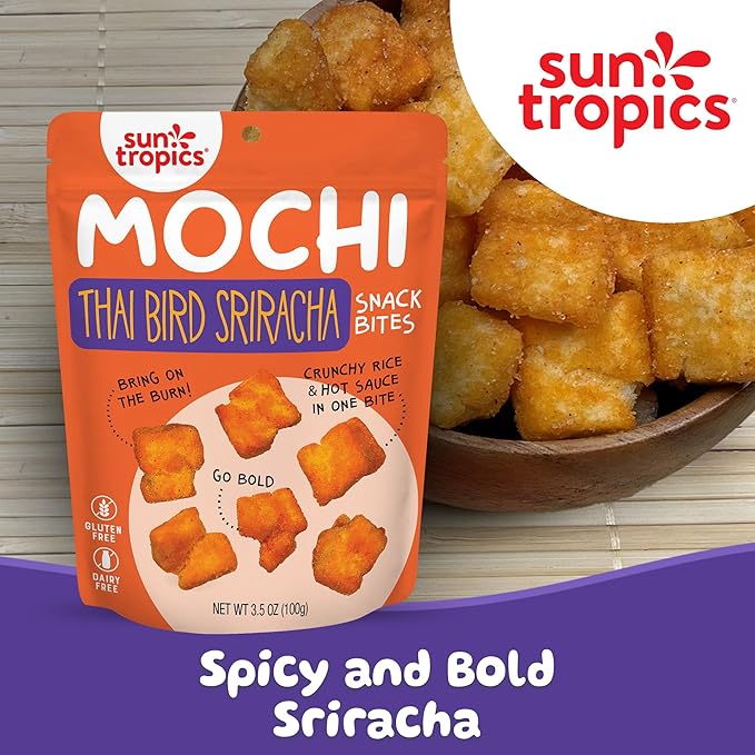 Sun Tropics Mochi Snack Bites, Thai Bird Sriracha Flavor- 3.5 oz (6 Pack)| Crispy Spicy Mochi Bites, Rice Nuggets | Mochi Puff Rice Crackers- Gluten Free & Dairy Free- No MSG Added | Asian Rice Snacks
