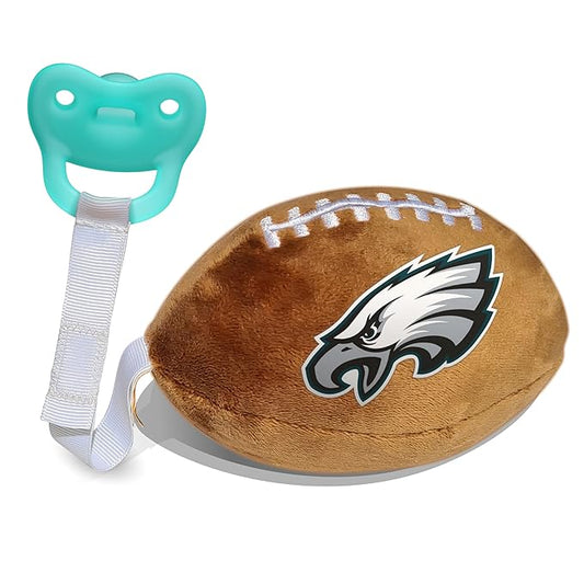 Philadelphia Eagles Plush Football Pacifier Holder with Newborn Paci by Smilo - Officially Licensed NFL Soother Holder - Soft Plush Toy and Binky - Fits Any Pacifier - NFL Baby Essential