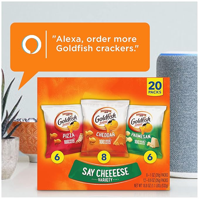 Goldfish Crackers Say Cheeeese Variety Pack with Cheddar, Pizza and Parmesan, Snack Packs, 20 Ct