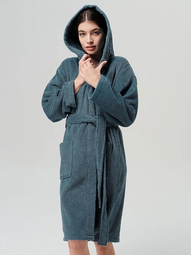 SIORO Womens Hooded Terry Cloth Robe, Cotton Absorbent Knee-Length Bathrobe, Housecoat with Pockets for Spa & Shower