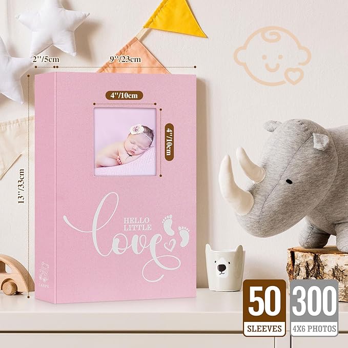 Lanpn Baby Photo Album 4x6 300 Pockets, Linen Hardcover Newborn Memory Book with Memo Writing Area, Bebe Photobook, Slip-in Picture Book, Ultrasound Album Keepsake Gifts for Girl Baby Shower Pink