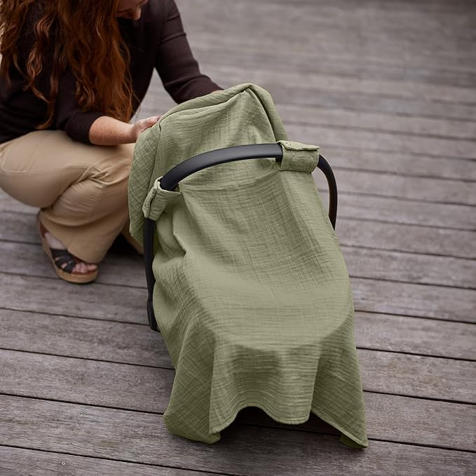 Car Seat Cover Baby - Organic Cotton - Carseat Covers Baby - Carseat Cover - Car Seat Canopy - Carseat Canopy - 100% Muslin Cotton, 43" x 32" 2-Pack (Sage Green/Natural)
