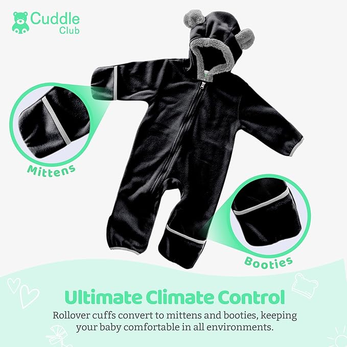 Cuddle Club Fleece Baby Bunting Bodysuit with Hood, Convertible Mittens & Booties, Car Seat Friendly, Soft & Warm, Easy Zip