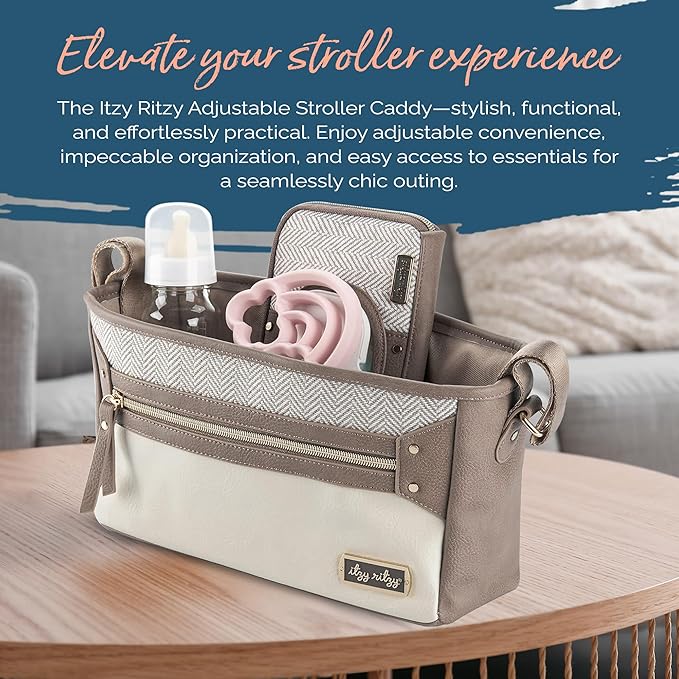 Itzy Ritzy Adjustable Stroller Caddy and Organizer Bag Featuring Front Zippered Pocket, 2 Built-In Interior Pockets & Adjustable Straps to Fit Nearly Any Stroller (Vanilla Latte)
