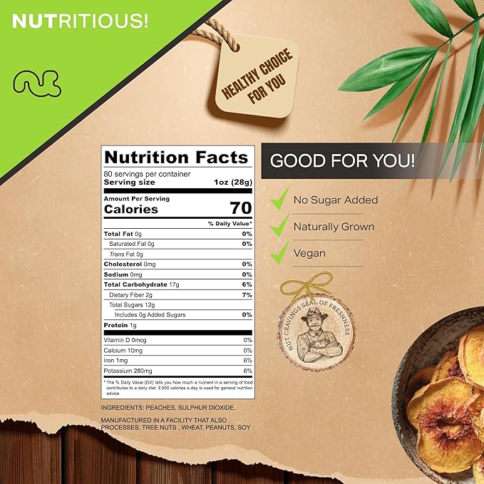 NUT CRAVINGS - Sun Dried California Peaches, No Sugar Added (80oz, 5 LB) Bulk Dry Fruits Packed Fresh in Resealable Bag - Sweet Healthy Snack, Naturally Grown, Vegan, Kosher