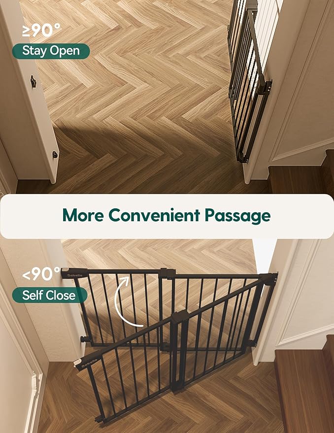 Babelio 34" Tall No Bottom Bar Baby/Dog Gate for Stairs, House and Doorways, 29.7-46.5" Auto Close Safety Pet Gates with Large Walk Thru Door, Hardware Mount, Black