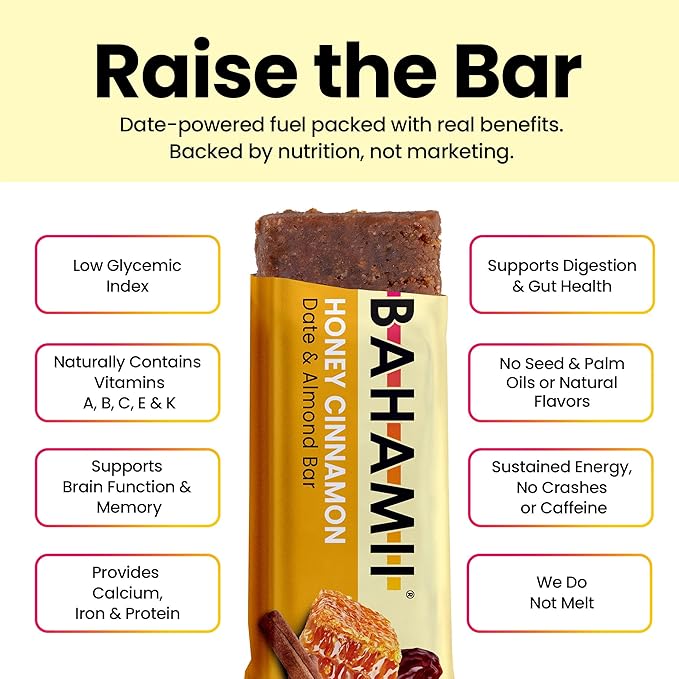 Bahamii - Almond & Date Bars (Honey Cinnamon) - Healthy Snack Bars with Dates - Non-GMO, Gluten-Free, Dairy-Free, Kosher, and No Sugar Added Fruit and Nut Bar - Simple Ingredient Snack (12-Pack)