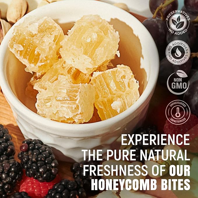 Jamie’s Hive To Table 100% Raw Honeycomb Bites, 3.3 Oz, 5 Bites – Pure Honeycomb Straight from the Hive – Made in USA, Product of Georgia – No Additives or Preservatives, Non-GMO