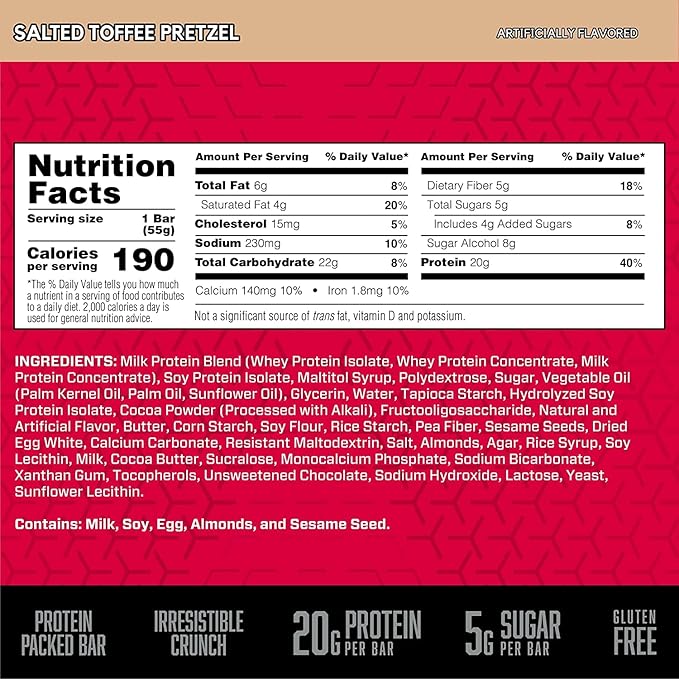 BSN Protein Crisp Bar, Salted Toffee Pretzel, 20 Gram Protein Snack Bars with Whey and Fiber, Gluten-Free Crunchy Energy Bars for Workout, Fitness, On-the-Go, 12 Count