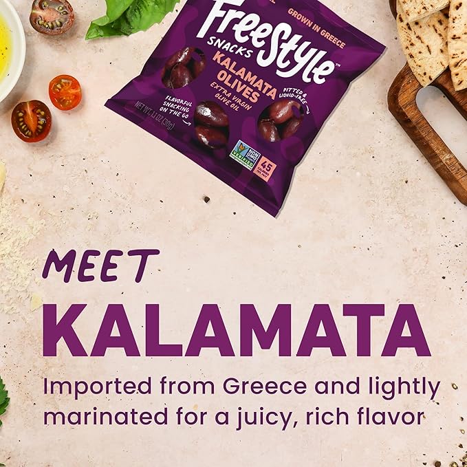 Freestyle Snacks Olive Snack Packs - 24 Pack Variety - Original Green, Hot & Spicy, Lemon Garlic, and Kalamata - Grown in Greece, All Natural, Non-GMO, Paleo, Sugar-Free, Keto Snack, 1.1oz (24 Pack)