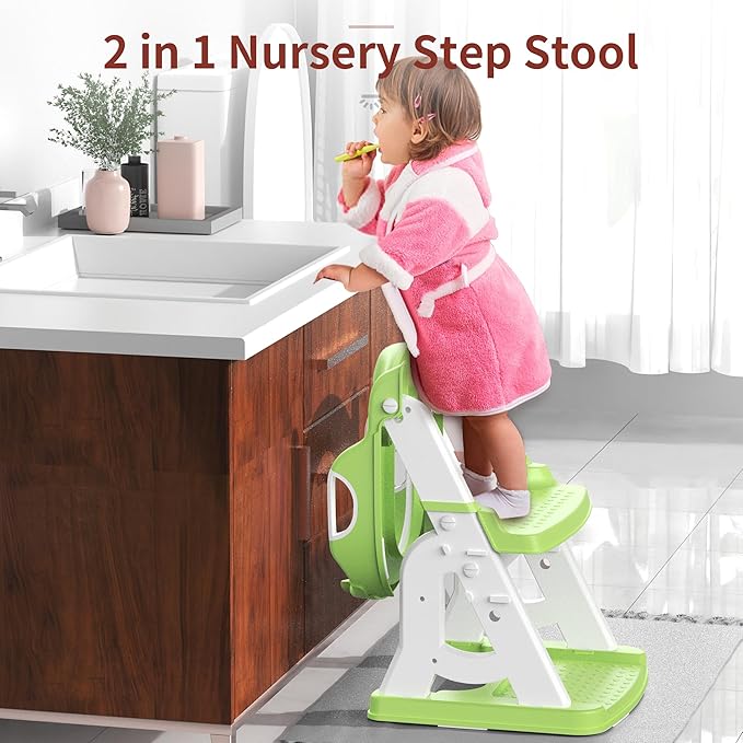 Potty Training Seat, Upgrade 2 in 1 Potty Training Toilet for Toddler, Toddler Toilet Seat for Boys Girls with Support Bar, Anti-Slip Pad and Step Stool (Green)