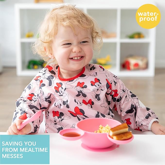 Bumkins Disney Bibs, Baby and Toddler Girls and Boys 6-24 Months, Long Sleeve, Essential Must Have for Eating, Feeding, Mess Saving Lightweight Waterproof Fabric Sleeved Smock, Minnie Mouse Classic