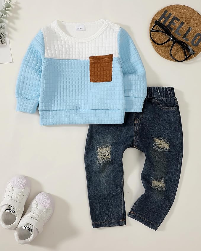 NZRVAWS Toddler Baby Boy Clothes Pullover Sweater Ripped Jean Sweatsuit Little Boy Outfit Fall Winter Clothing Set 6M-7T