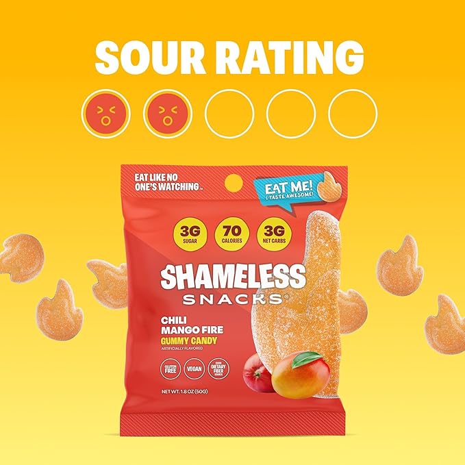 Shameless Snacks - Healthy Low Calorie Snacks, Low Carb Keto Gummies (Gluten Free Candy) - 6 Pack Chili Mango Fire