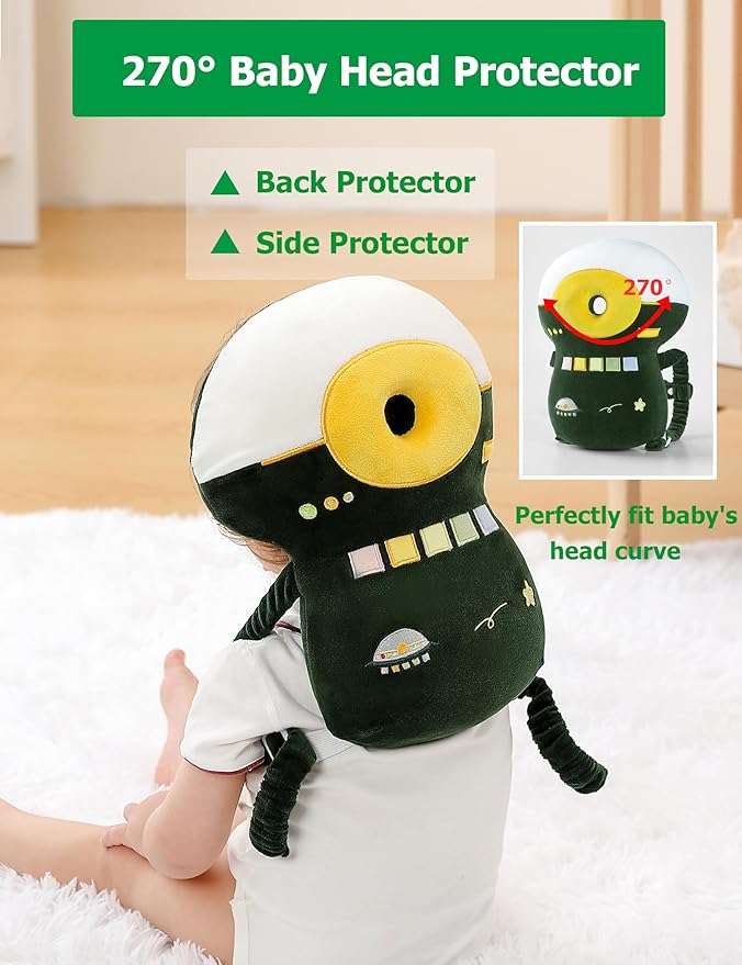 JunNeng Baby Head Protector Backpack Memory Foam, 3-Sided Fall Head Safety Protection (Green UFO)