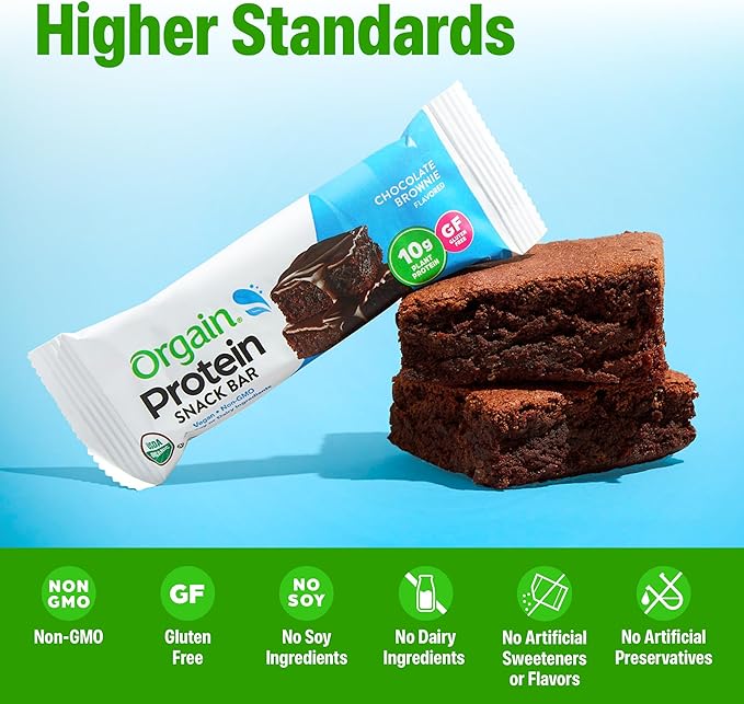 Orgain Organic Vegan Protein Bars, Chocolate Brownie - 10g Plant Based Protein, Low Calorie Healthy Snacks, No Lactose or Soy Ingredients, Gluten Free, Non-GMO - 1.41 Oz (Pack of 12)