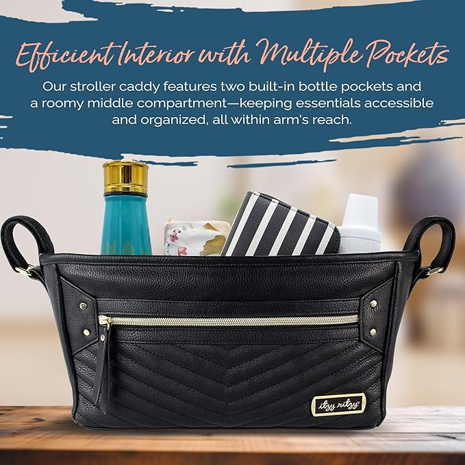 Itzy Ritzy Adjustable Stroller Caddy / Organizer - Stroller Organizer Bag Featuring Front Zippered Pocket, 2 Built-In Interior Pockets & Straps to Fit Nearly Any Model (Black with Gold Hardware)