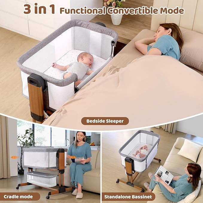 Ezebaby 3-in-1 Rocking Bassinet for Baby Adjustable Baby Bassinets Bedside Sleeper with Wheels Storage Basket and Mesh Sides for Newborn Infant