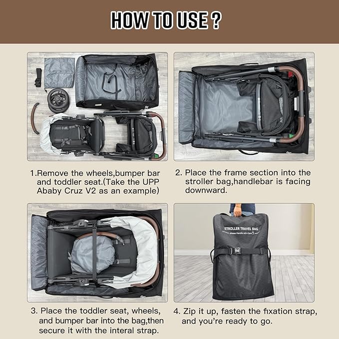 RAYMACE Padded Stroller Travel Bag for Airplane,Stroller Gate check bag with Wheels Compatible with UPPAbaby Vista,Vista V2,Cruz,Cruz V2, Travel Safe Protection Storage Bag,Patterned Design,Black