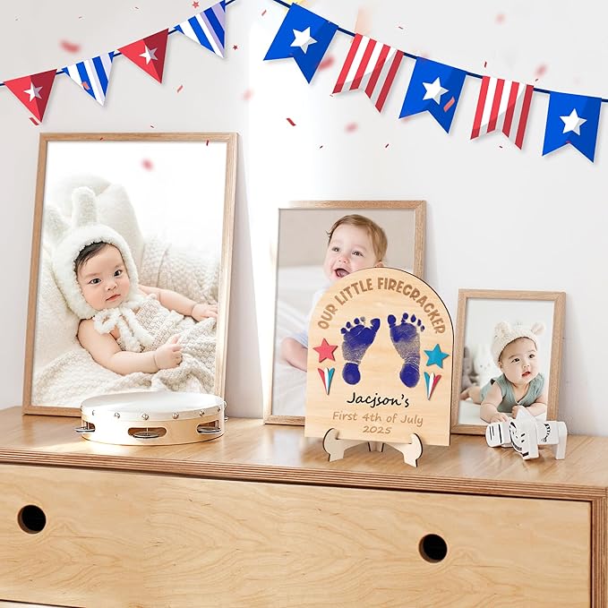 R HORSE Baby's First July 4th Footprint or Handprint DIY Art Sign Craft, 3D Engraved Wooden Hanging Ornament, Newborn Keepsake Gift Photo Prop for Unisex Baby Independence Day Baby Shower Supplies