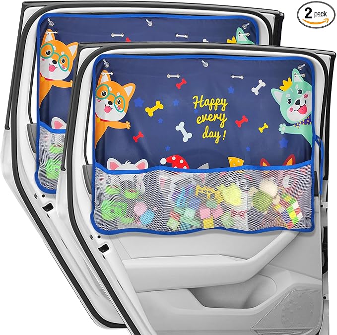 2 Pack Car Window Shade for Baby, Blackout Car Sun Shades with Storage Pockets, 7 Suction Cups, Blue, Cute Patterns for Sun/Heat/UV Rays Protection, Standard Passenger Cars