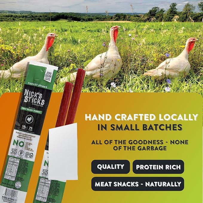 Nick's Sticks Clean & Balanced Free Range Turkey Snack Sticks | Made in the USA | Gluten Free | Paleo, Keto, Whole30 Approved | No Soy, Antibiotics or Hormones (12 – 1.7oz. Packs of 2 Sticks)