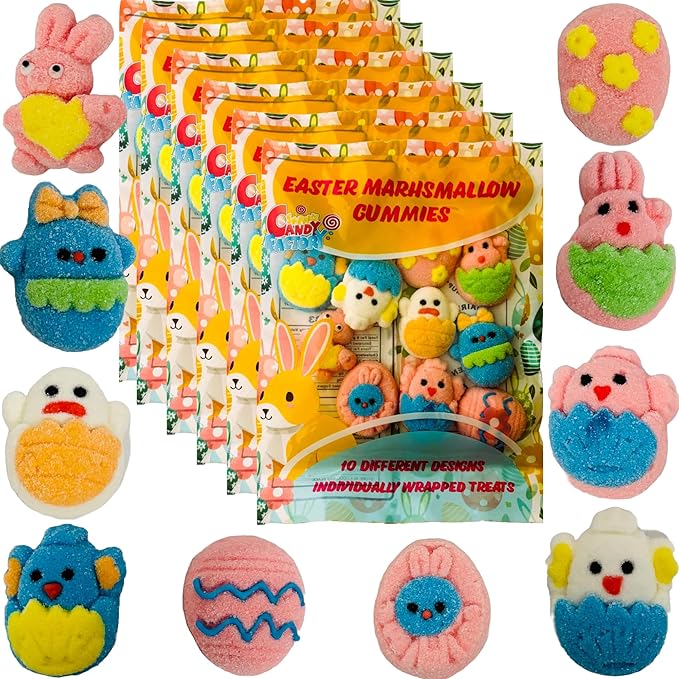 Easter Marshmallow Gummies - 10 Fun Designs, 6-Pack, Total 60 Individually Wrapped Gummies - Gluten-Free & Dairy-Free, Perfect for Egg Hunts