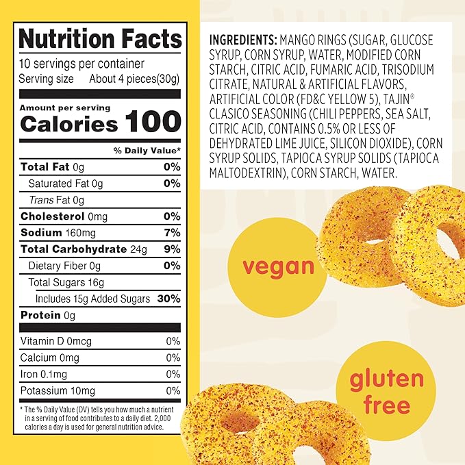 Snak Club Tajin Mango Rings Gummy Candy, Fruit Candy Gummies with Chili and Lime Seasoning, Mild, Gluten-Free and Vegan Snacks, 11 oz Resealable Bag