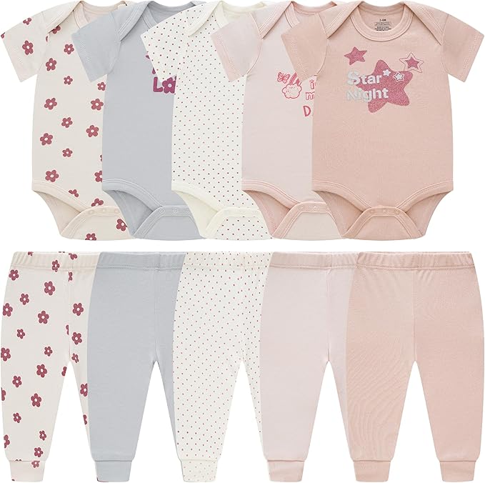 Baby Newborn Layette 10-Piece Sets Cotton Bodysuits Pants Sets for Baby Boys Girls Toddler Unisex Baby Gift Set