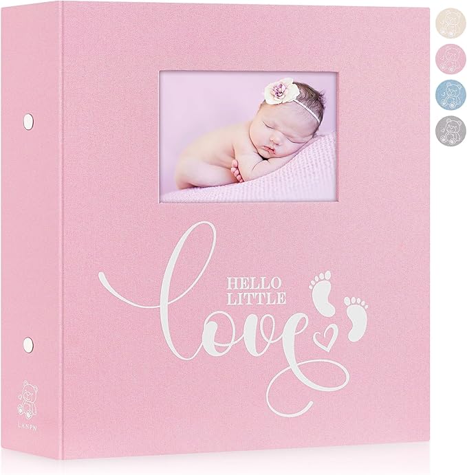 Lanpn Baby Photo Album 4x6 600 Pockets, Linen cover Newborn Bebe Memory Book Photobook Holds 600 Horizontal and Vertical Pictures, Picture Album with Front Window Gift for Boy Girl Baby Shower Pink